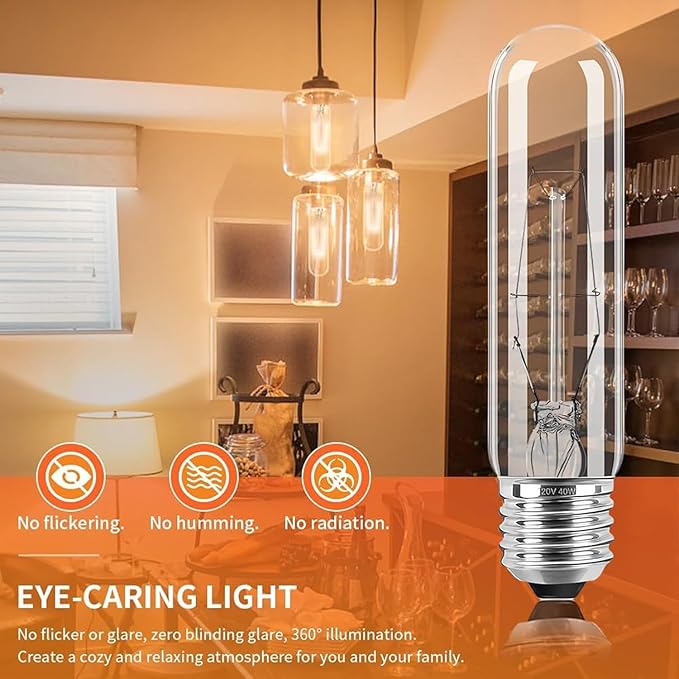 10-Pack 40W T10 Incandescent LED Light Bulbs, Warm White,Dimmable Clear Glass Edison Vintage Bulbs for Chandeliers, E26 Base, 2700K, Desk Lamps, Curio Cabinets, Aquariums, and Pendant Lighting