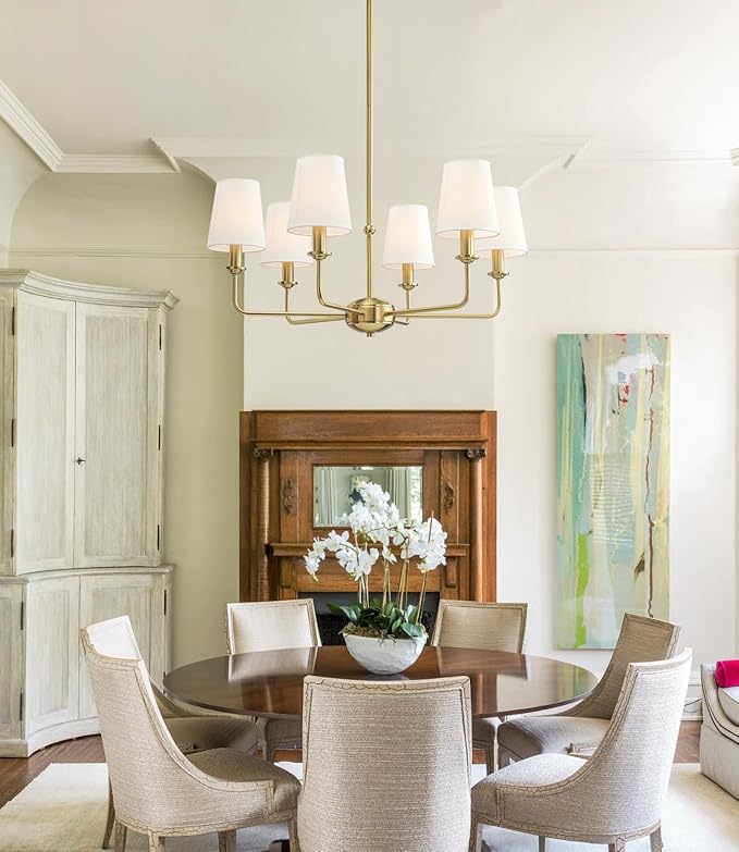 6-Light Brushed Gold Pendant Chandelier with White Linen Shades, E12 Base - Farmhouse & Industrial Style for Kitchen, Living Room, Dining Room, or Bedroom Lighting