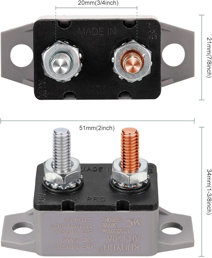 4 Pieces DC 12V - 24V Automatic Reset Circuit Breaker Circuit Breaker with Cover Stud Bolt for Automotive and More (20 Amp)