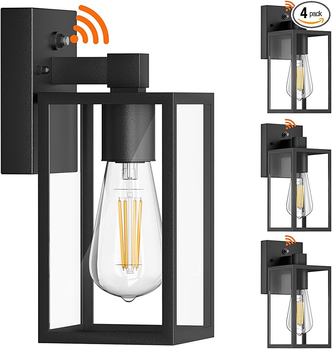 WIHTU Dusk to Dawn Outdoor Wall Lights, 4 Pack Exterior Lighting Fixtures for House, Waterproof Porch Lights with E26 Sockets, Black Outdoor Wall Sconce for Front Door, Patio, Garage