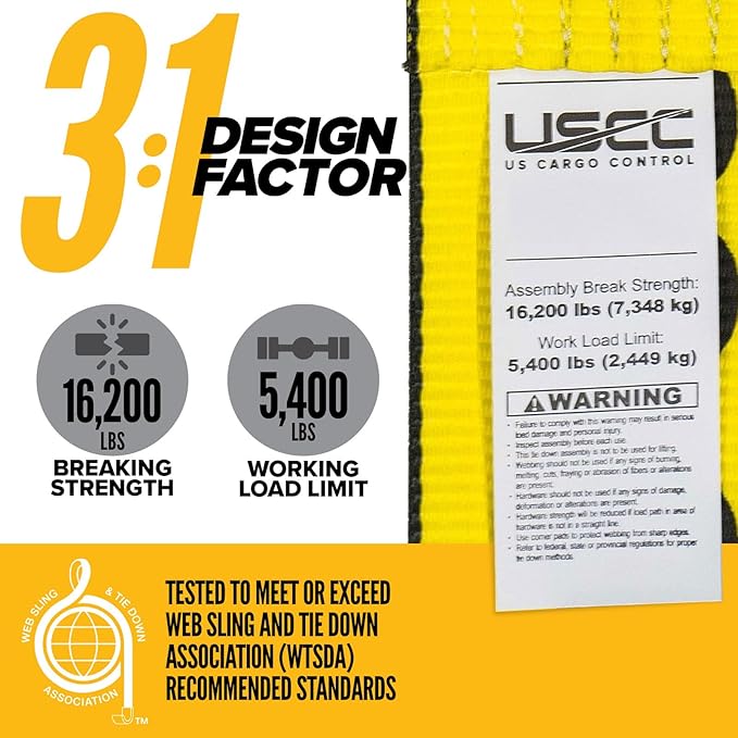 US Cargo Control 4" x 30' Winch Strap with D-Ring, 5,400 LBS Working Load Limit, Heavy Duty Flatbed Tie Downs, Yellow 4 Inch Straps for Flatbed Trailers, Trucks, and Cargo Securement