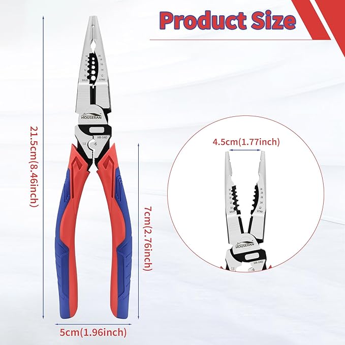Needle Nose Pliers, Long Needle Nose Pliers with Wire Stripper and Crimper, 8.4 Inch Long Lose Pliers, 5-in-1 Needle Nose for Bending, Crimping, and Stripping