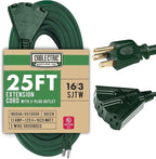 25 ft Outdoor Extension Cord 3 Outlet, 16/3 SJTW Weatherproof Multiple Plugs Green Extension Cord 3 Prong, 13 Amp Exterior Power Cable Three Way Plug for Outside & Landscaping