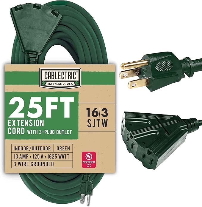 25 ft Outdoor Extension Cord 3 Outlet, 16/3 SJTW Weatherproof Multiple Plugs Green Extension Cord 3 Prong, 13 Amp Exterior Power Cable Three Way Plug for Outside & Landscaping