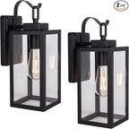 LIT-PaTH Outdoor Wall Lantern, Wall Sconce as Porch Lighting Fixture, E26 Medium Base Max 60W, Anti-Rust Metal with Glass Shade, Black, 2-Pack