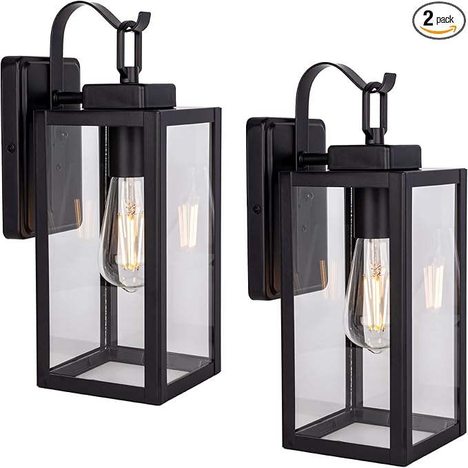 LIT-PaTH Outdoor Wall Lantern, Wall Sconce as Porch Lighting Fixture, E26 Medium Base Max 60W, Anti-Rust Metal with Glass Shade, Black, 2-Pack