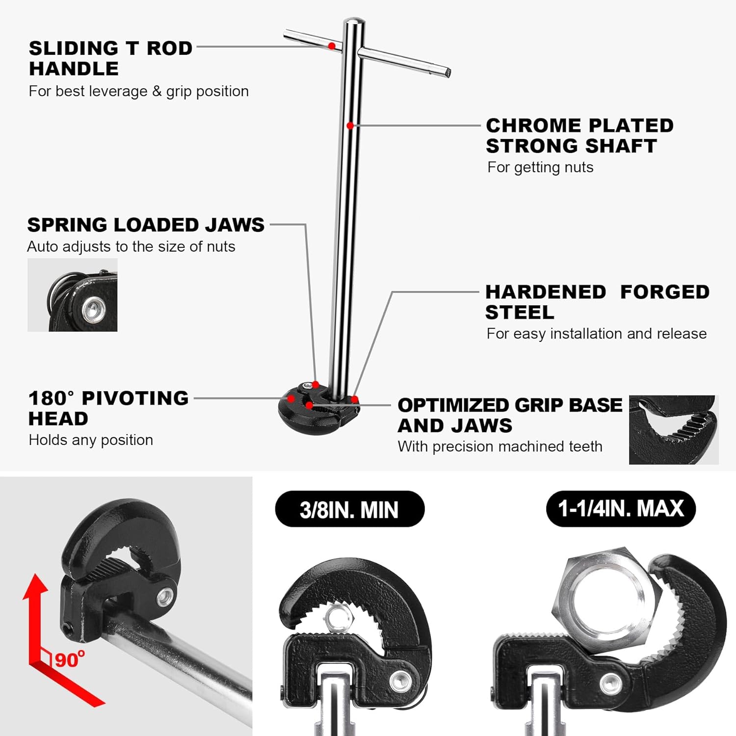 HAUTMEC PL0024 10" Basin Wrench Sink Faucet Wrench for Tight Spaces with Adjustable 3/8'' to 1-1/4''