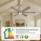 60" Indoor Outdoor Ceiling Fan with Light Remote - 6 Solid Wood Blades, High CFM Quiet Reversible Energy Efficient DC Motor, 6/12/24" Down-rod, Damp-rated for Patios Porch Gazebo Garage, Modern Gray