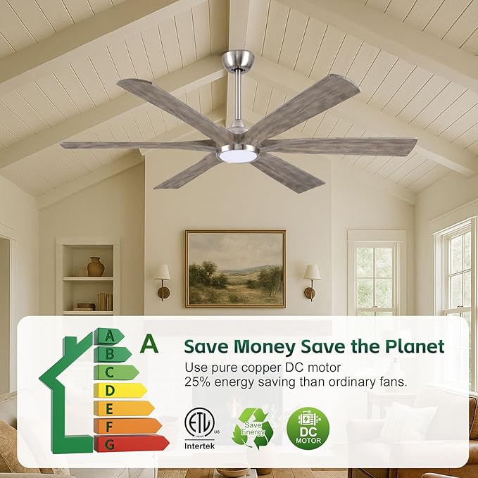 60" Indoor Outdoor Ceiling Fan with Light Remote - 6 Solid Wood Blades, High CFM Quiet Reversible Energy Efficient DC Motor, 6/12/24" Down-rod, Damp-rated for Patios Porch Gazebo Garage, Modern Gray