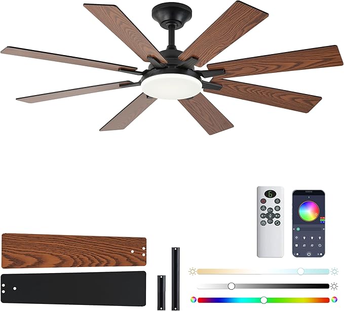 52 Inch Ceiling Fans with Lights, Brown Ceiling Fan with Light and Remote Control, Reversible DC Motor, 3CCT, Dimmable, Timer, Noiseless, Ceiling Fan for Bedroom Living Room, Indoor/Outdoor Use