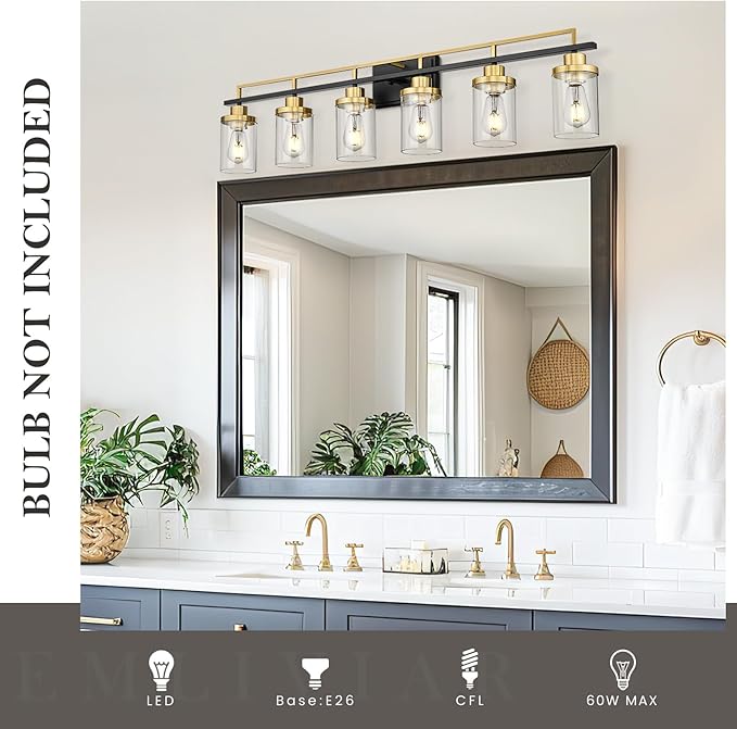 Emliviar Large 6-Light Farmhouse Bathroom Sconces Wall Lighting for Living Room, Modern Vanity Light Over Mirror with Clear Glass Shades, Black and Gold Finish, YCE238B-6W BK+BG