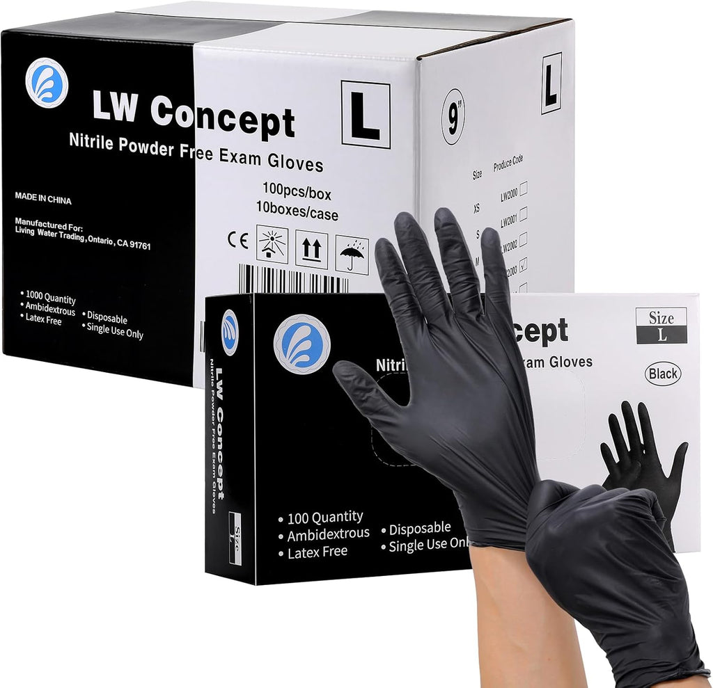 LW Concept - Black Nitrile Gloves - Latex & Powder-Free, Disposable, Strong, Food Handling
