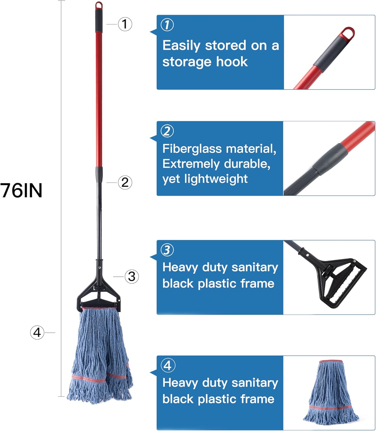 Matthew 4 Set&4 Replacement Commercial&Residential Mop Heavy Duty Industrial Mops w/Adjustable Side-Gate Handle(Quick-Change Gripper) Looped-End String Wet Cotton Mop for Home,Office,Warehouse