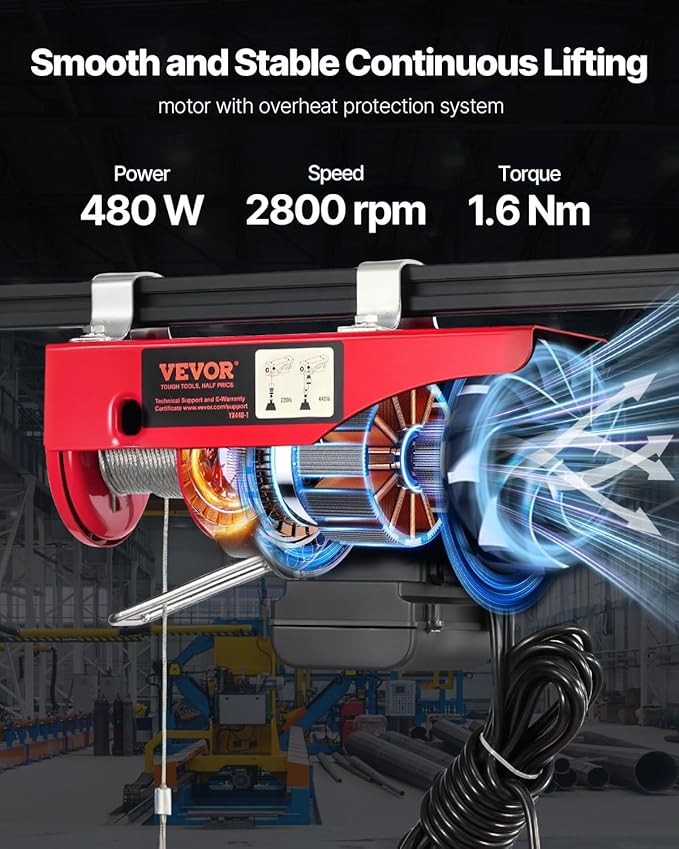VEVOR Electric Hoist with Remote Control, 440 lbs Material Handling Tool, 110V Electric Hoist with 14ft Remote Control for Factories, Warehouses, Construction Site, Attic
