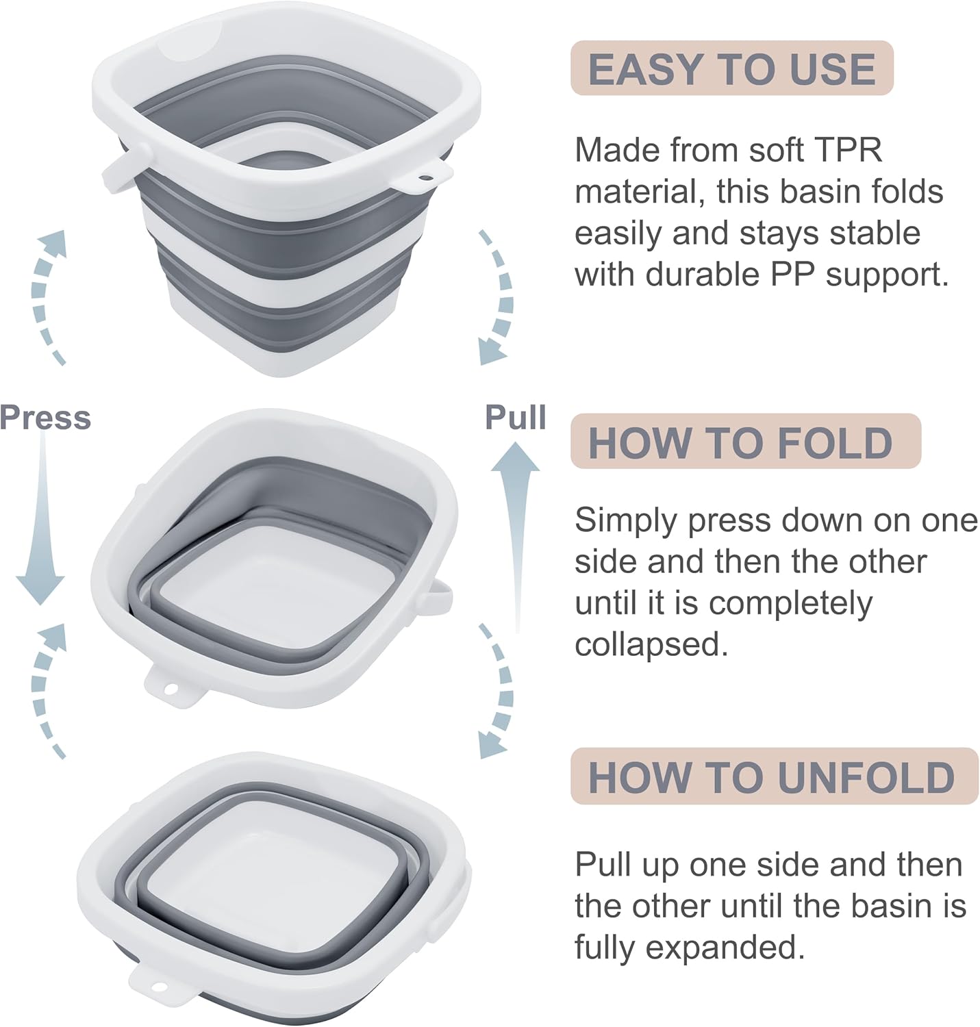 Small Collapsible Bucket, 1.4Gal/5L BPA-Free - Foldable Water Pail for Car Washing, Camping, Beach - Portable Lightweight Storage for Outdoor, RV, Travel (Grey)