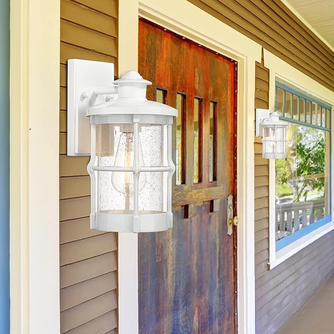 Modern Outdoor Wall Light Fixture with Seeded Glass - White Finish, 2 Pack for Front Porch, Entryway, Garage, Backyard