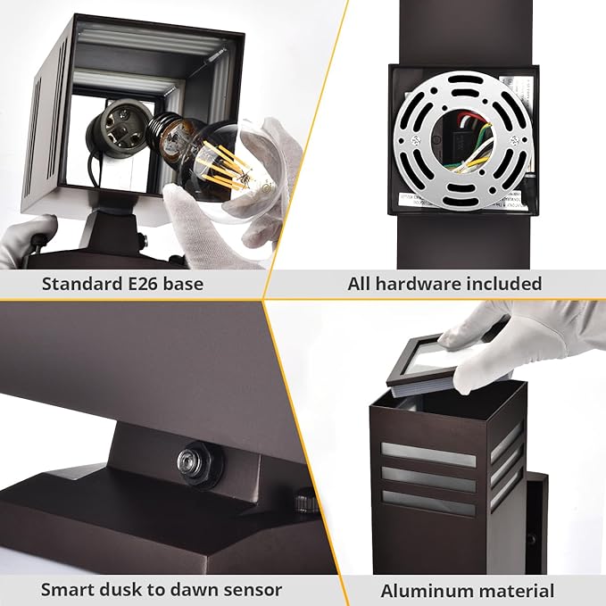 wowlite Outdoor Wall Lights Dusk to Dawn 2 Pack, Modern Porch Lights Outdoor Wall Sconce Square, Bronze Up and Down Lights, Waterproof Exterior Light Fixture for House Garage Patio, ETL Listed