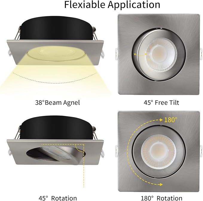 Brushed Nickel Recessed Lights Square 4 inch 6 Pack,Spot Recessed Lights,dimmable, 5CCT Selectable,9W 750LM