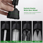 Faucet Sprayer Attachment with 2 Ball Joint, Big Angle Swivel Kitchen Sink Faucet Head Replacement, 4 Spray Models, 55/64-27UNS Famale Thread, Male Thread Adapter Included, Black