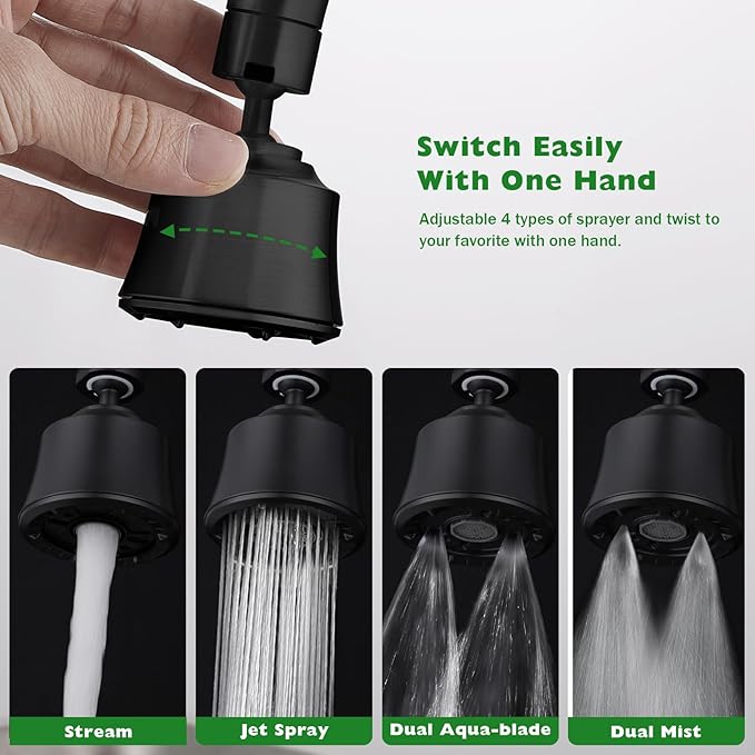 Faucet Sprayer Attachment with 2 Ball Joint, Big Angle Swivel Kitchen Sink Faucet Head Replacement, 4 Spray Models, 55/64-27UNS Famale Thread, Male Thread Adapter Included, Black