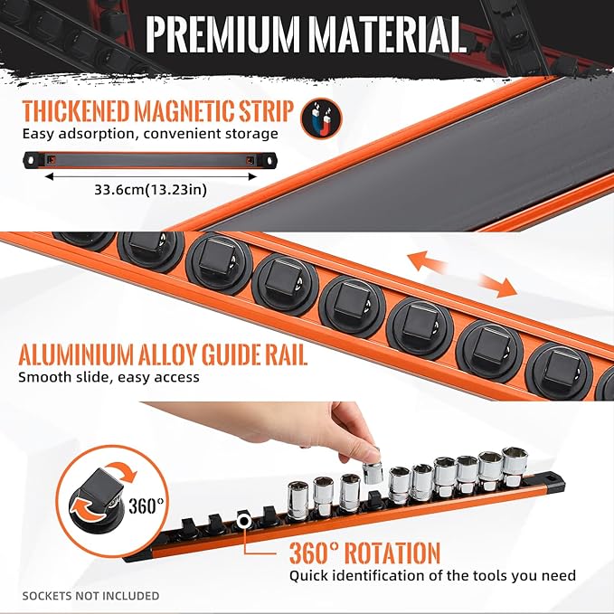Magnetic Socket Organizer, 1-Piece Heavty Duty Aluminum Socket Holder, Socket Rail for Tool Box, Premium Quality 360° Swivel Socket Rack with 14 Clips for 3/8-Inch(Orange)