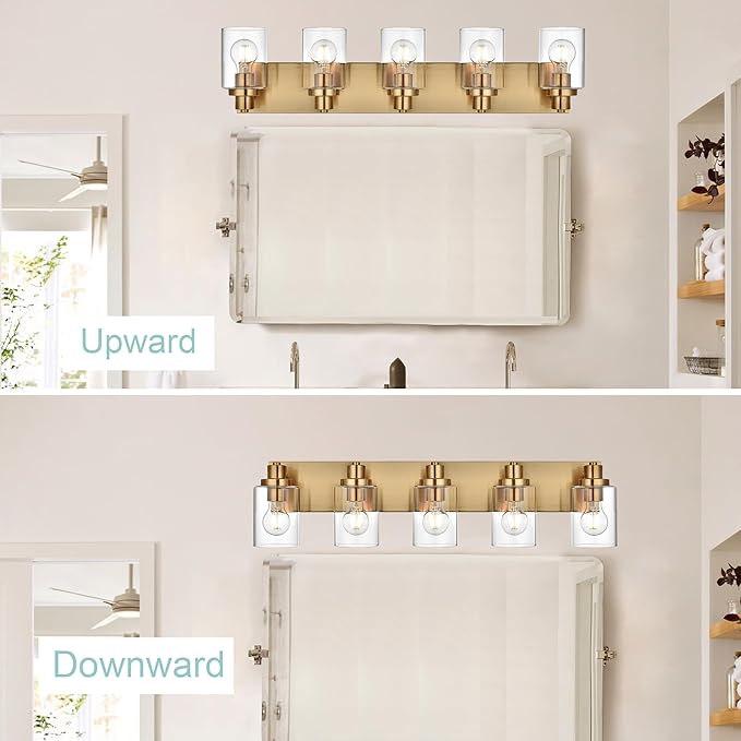 5 Light Bathroom Vanity Lights Brushed Nickel Bathroom Lighting Fixtures Over Mirror with Clear Glass Shades, Modern Industrial Wall Sconces Vanity Lighting Fixture for Bedroom Living Room