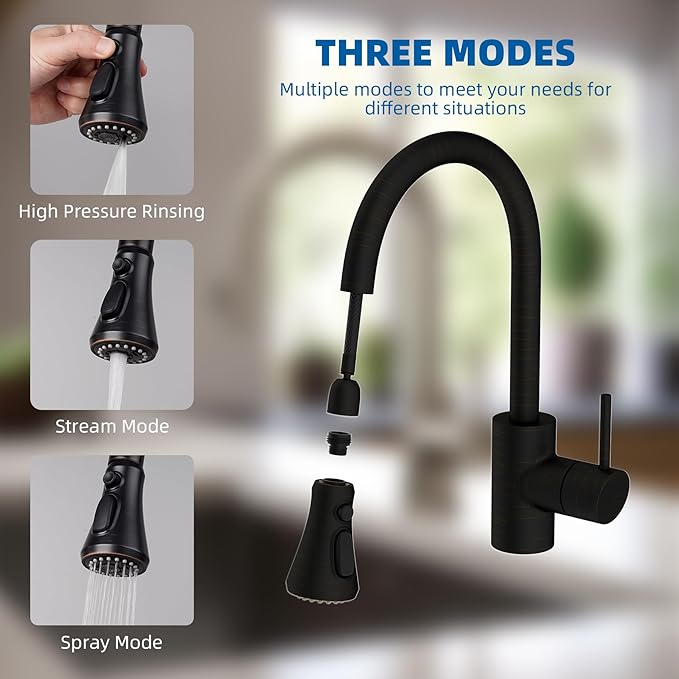 Hibbent Pull Down Kitchen Faucet Head Replacement, NSF/ANSI/CAN 61 & CUPC Certified 3-Function Sink Spray Nozzle with 15 Adapters Compatible with Moen, Delta, Kohler Faucets - Oil-Rubbed Bronze