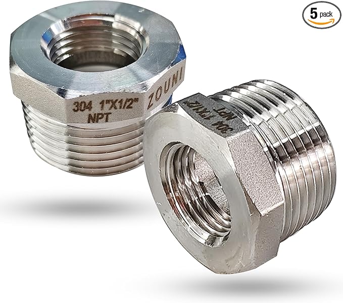 2 Pcs Reducer Hex Bushing, 304 Stainless Steel 1" Male NPT to 1/2" Female NPT（ 1"MNPT - 1/2"FNPT） Pipe Fitting Hex Bushing, Heavy Duty Pipe Fitting Reducer Adapter