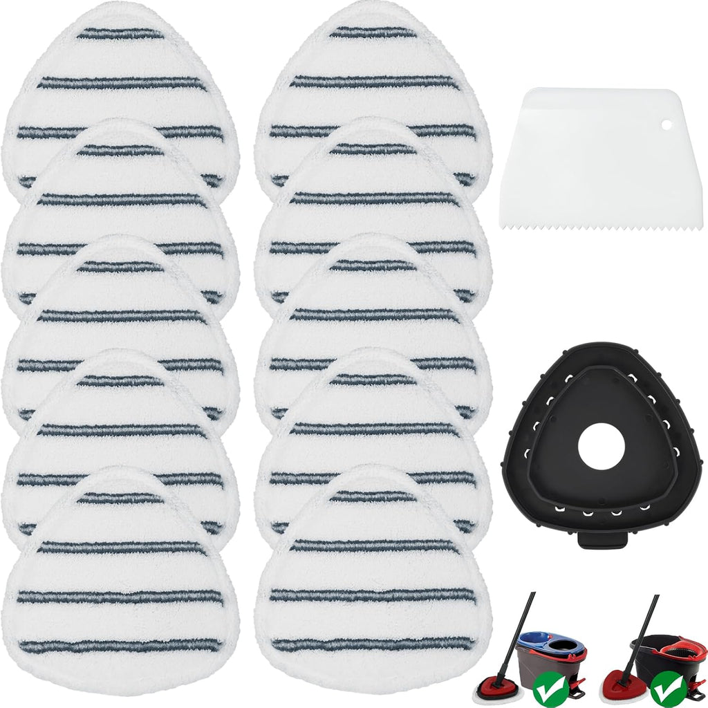 Triangule Flat Mop Replacement Pads, Spin Mop Pad Replacement, 10 Pack Mop Refill Pads, 1 Mop Base and 1 Scraper for Cleaning Floor, Wall, Ceiling, Easy to Replace