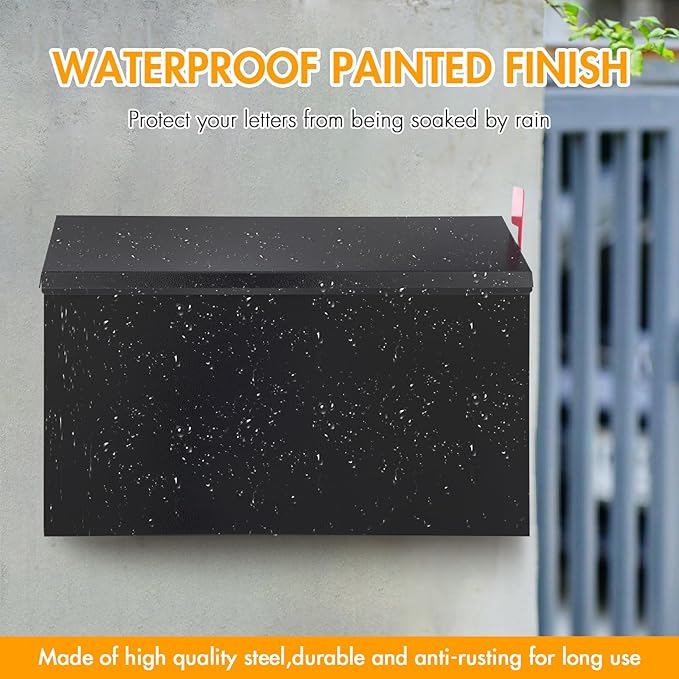 Wall Mount Mailbox for Outside with Flag, Galvanized Steel Mail Box for Post Outdoor, Large Capacity Rust-Proof Metal Postbox for House and Office, with 3 Sets Mailbox Numbers, 14.2"x9.5"x4" Black