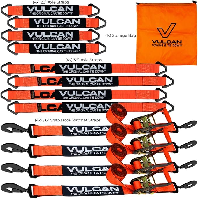 VULCAN Complete Axle Strap Tie Down Kit s - PROSeries - Includes (4) 22 Inch Axle Straps, (4) 36 Inch Axle Straps, and (4) 8' Snap Hook Ratchet Straps