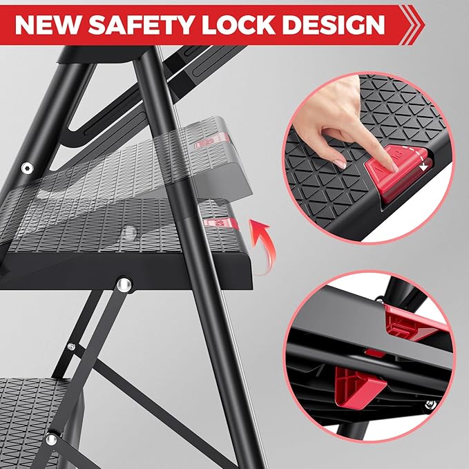 KINGRACK 5 Step Ladder, Folding Step Stool for Adult with Tool Platform, Handrails, Wide Anti-Slip Pedals, Pass 800lbs Load Testing， Portable Safety Step Stool for Home, Kitchen, Black