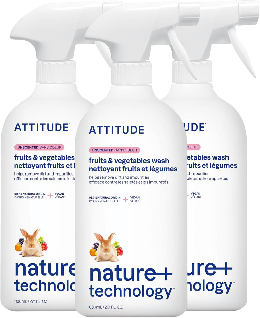 ATTITUDE Fruit & Vegetable Wash, Food-Safe Produce Wash, Removes Dirt & Residue, Vegan & Plant-Based Ingredients, Unscented, 27.1 Fl Oz (Pack of 3)