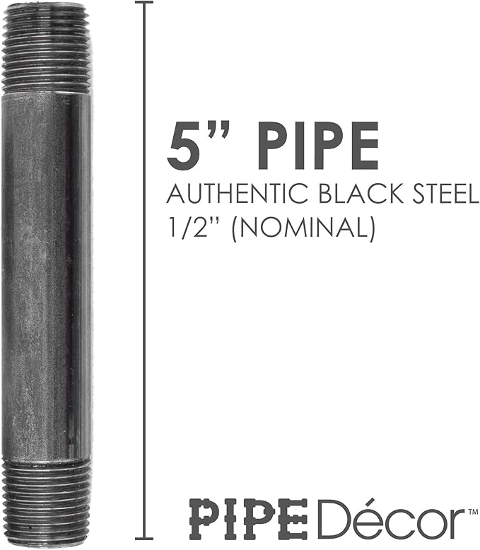 Pipe Decor 1/2" x 5" Malleable Cast Iron Pipe Nipple, Pre Cut Connectors, Industrial Steel Grey Fits Standard Half Inch Black Threaded Pipes Nipples and Fittings, Vintage DIY Furniture, 10 Pack