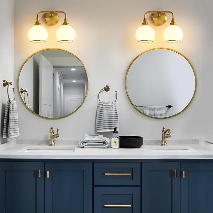 Brushed Gold Bathroom Light Fixtures 2-Lights Vanity Lights with Milky White Frosted Glass Shade Bathroom Vanity Light 14 inch Wall Sconce Lighting Bath(Exclude E26 Bulb)