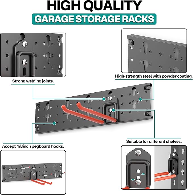 EVERHANGER Garage Tool Storage Organizer Wall Mount, Versatile Garden Tool Rack Organization, Folding Chair Hangers with 8 Multifunctional Hooks, Max Load 330lb, 48inch