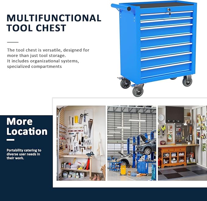 7-Drawer Metal Rolling Tool Chest with Wheels,Tool Storage Cabinet with Locking System，Toolbox with Wheels for Garage,Workshop, Repair Shop(Blue, 7-Drawer)