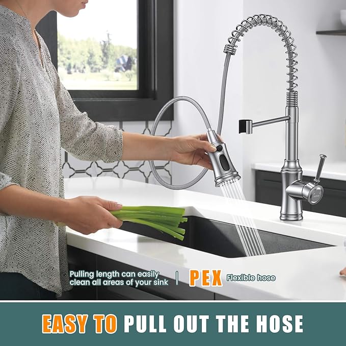 Kitchen Faucet with Pull Down Sprayer, Hurran Commercial Stainless Steel Kithcen Faucets, Single Handle Spring Faucets for Kitchen Sink, Sink Faucet for Farmhouse Wet Bar or RV, Brushed Nickel