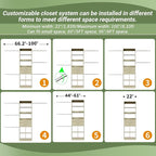 Closet System, 4-8 FT Closet Organizer Tower with 2 Wooden Drawers and Shelves, Can Fit 60 to 96 inch Walk-in Closet System with 5 Hang Rods, Built-in, Greige Oak