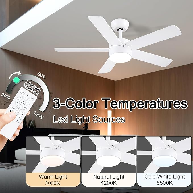 42 inch White Ceiling Fans with Lights and Remote, LED Dimmable 3 CCT Temperatures 6-Speed, Noiseless Modern Ceiling Fan for Bedroom, Living Room, Dining Room, ETL Listed