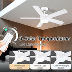 42 inch White Ceiling Fans with Lights and Remote, LED Dimmable 3 CCT Temperatures 6-Speed, Noiseless Modern Ceiling Fan for Bedroom, Living Room, Dining Room, ETL Listed