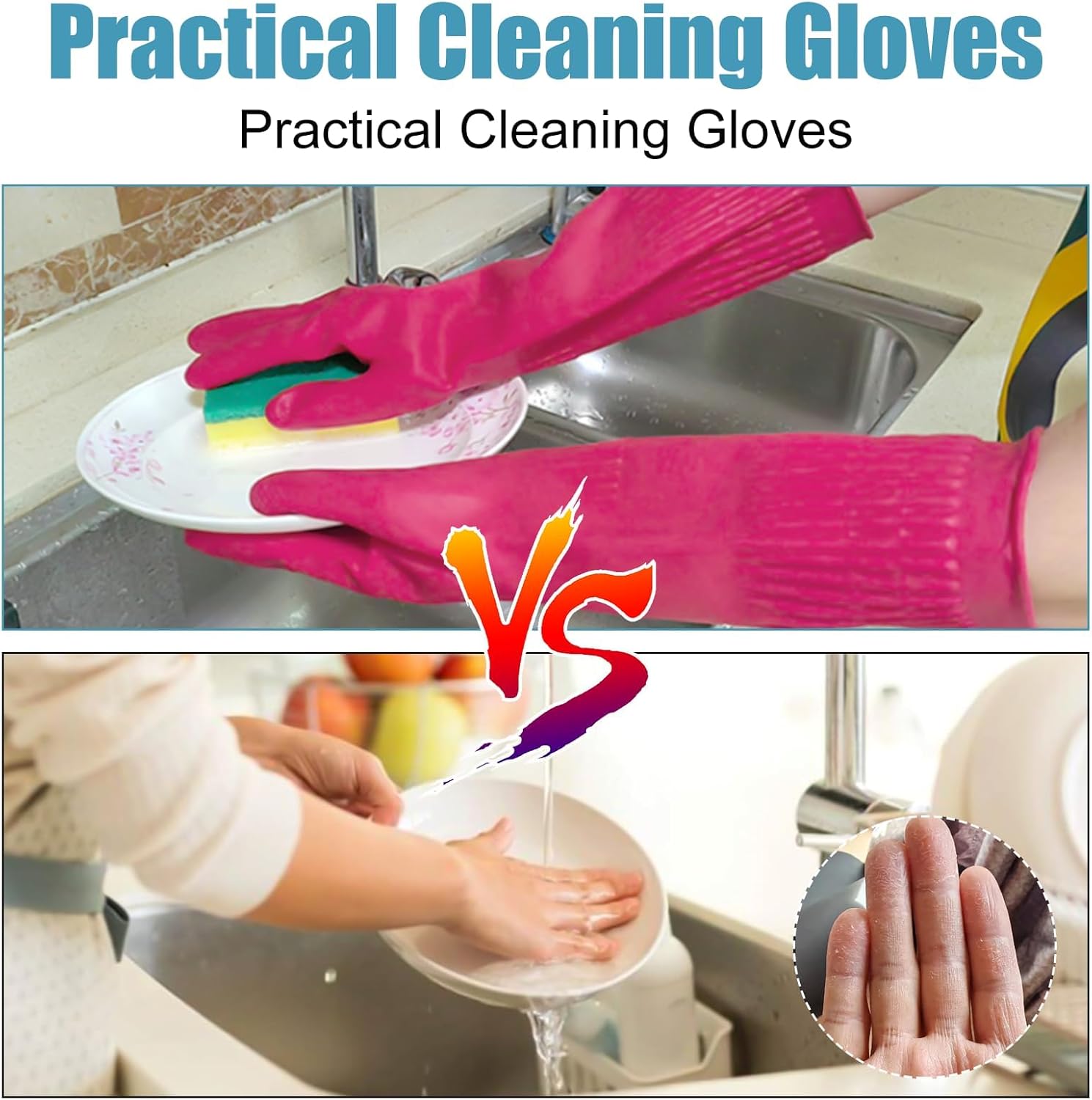 Rubber Dishwashing Gloves, 3 Pairs Reusable Gloves for Dishwashing, Non-Slip Kitchen Glove, Water Resistant Household Glove for Kitchen Bathroom (Medium, Green+Pink+Yellow)
