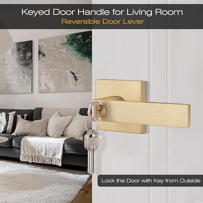 EHOMEWARE 2 Pack Gold Door Handles, Entry Door Levers with Keys, Not Keyed Alike - Interior Door Lever Door Handle with Modern Contemporary Design for Home Bedroom or Living Room