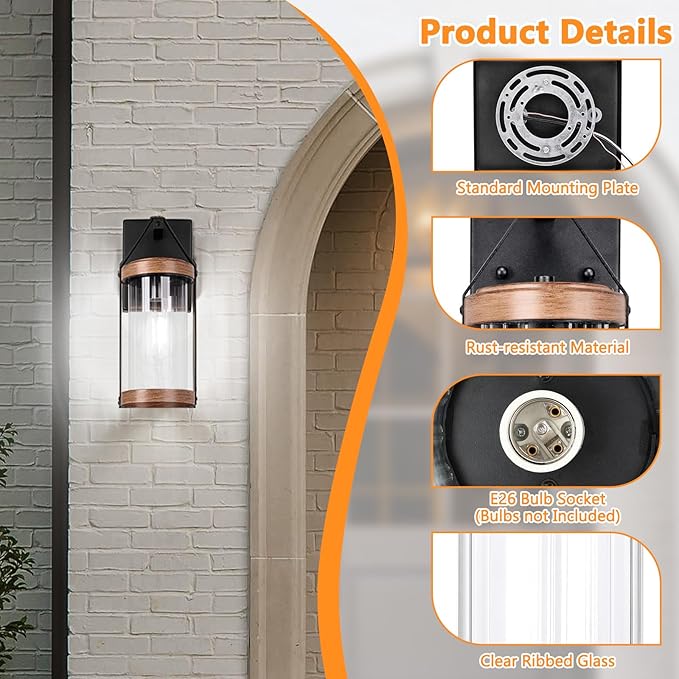 2-Pack Outdoor Light Fixtures, Waterproof Modern Exterior Wall Lantern Porch Lights, Black Wall Sconce with Clear Ribbed Glass, Outside Light with Wood Texture for House, Bulbs Not Included