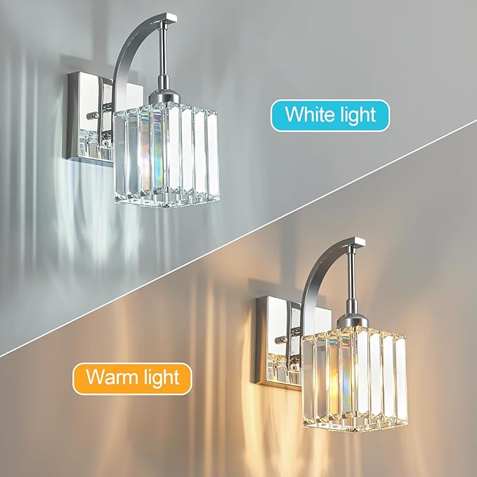 Wall Sconces, Set of 2 Chrome Crystal Vanity Lights, Modern Wall Lamp for Bathroom, Hallway, and Makeup, Easy Installation