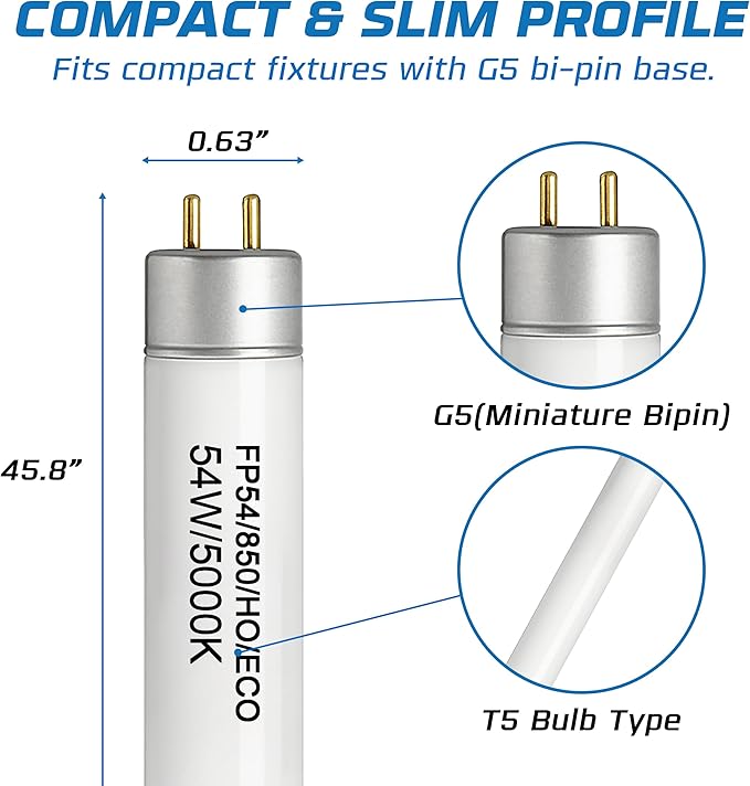 OHLECTRIC FP54/850/HO/ECO T5 Fluorescent Tube Light Bulb (10-Pack) 54 Watt High Output, 5000K Daylight, 800 Series Phosphor, G5 Bi-Pin Base, 46-Inch Linear Lamp, Energy Efficient - Case of 10