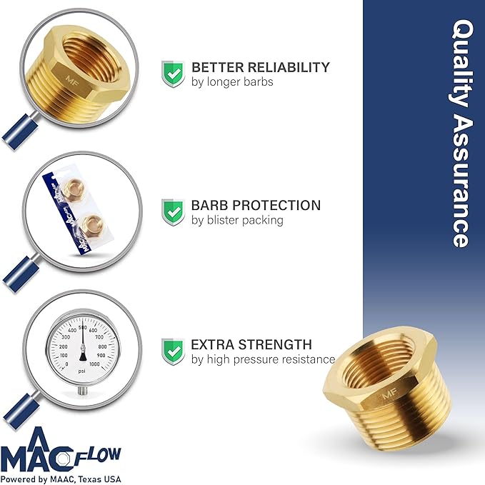 MAACFLOW brass 1/2" Male NPT to 1/4" Female NPT Adapter Reducer Hex Bushing (Thread OD 0.81" - ID 0.44") (Pack of 1)