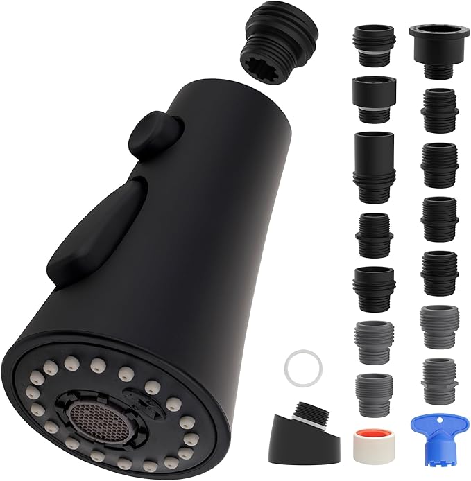 iFealClear Universal Kitchen Faucet Head Replacement, 3 Modes Pull Down Faucet Spray Head Replacement Compatible with Moen Delta Kitchen Sink Faucet, 15 Adapters Available, Matte Black