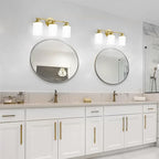 Brushed Gold Bathroom Light Fixtures, 3-Light Gold Vanity Lights with Frosted Glass Shades, Mid-Century Modern Wall Sconces for Living Room