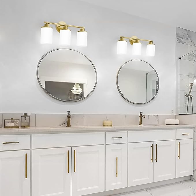 Brushed Gold Bathroom Light Fixtures, 3-Light Gold Vanity Lights with Frosted Glass Shades, Mid-Century Modern Wall Sconces for Living Room